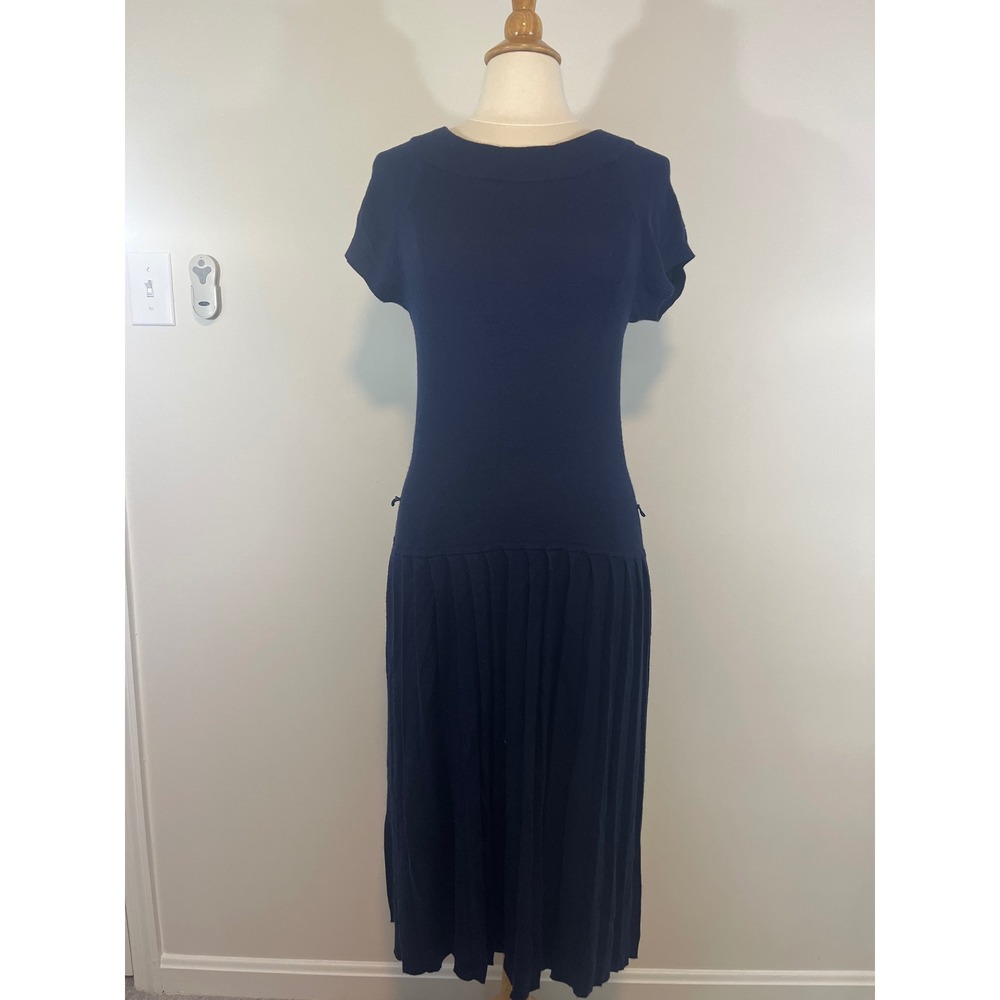 Lauren Ralph Lauren Knit Dress Navy Blue Pleated Skirt Size Large